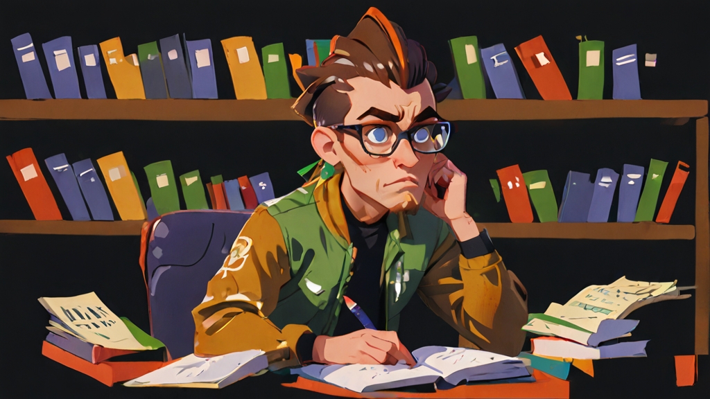 Cartoon / Anime image of man with mohawk hairstyle and glasses at a desk in front of shelves full of books. Pencil in hand, he is obviously thinking hard, seeking inspiration.